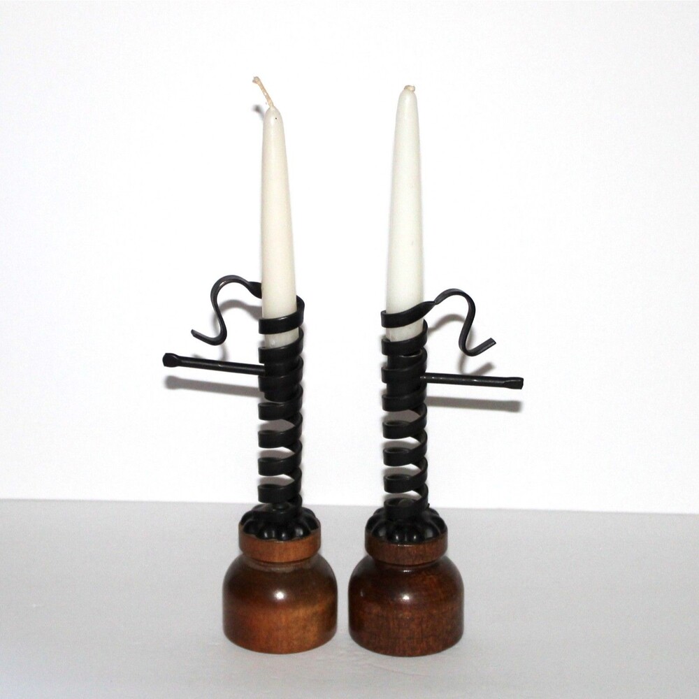 Vintage Iron And Wood Pair Of Two Matching Courting Candle Holders